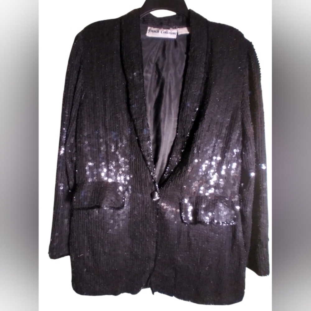 French Collizioni Black Pure Silk Blazer Sequinned Jacket Size S Pockets Evening